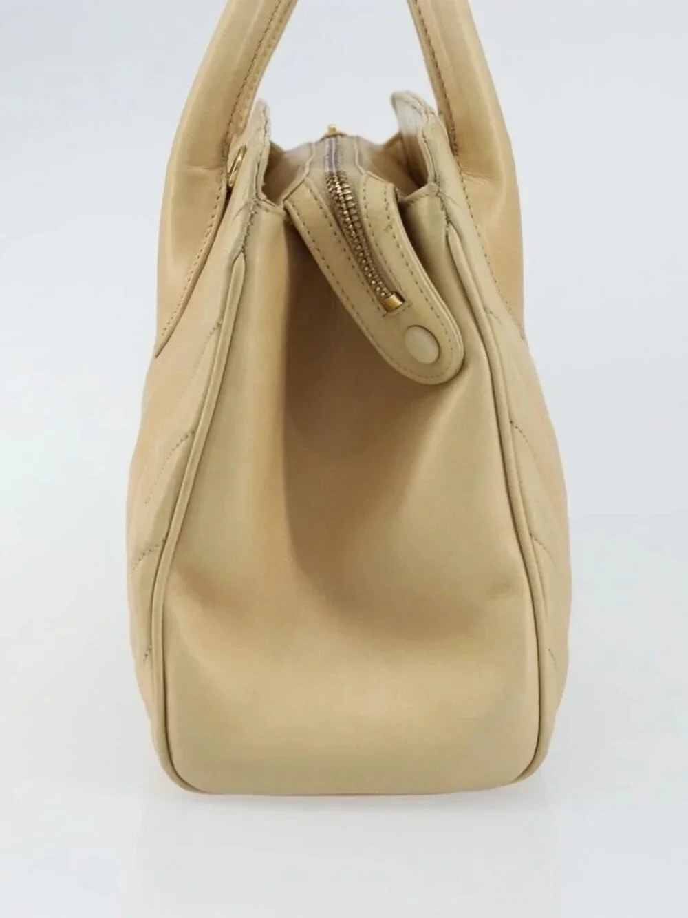 CHANEL V Stitch Hand Bag Leather Beige Gold CC Auth BA9348
